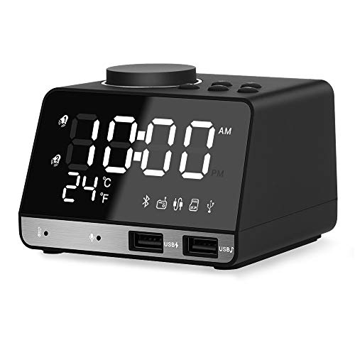 ANOLE Radiowecker Bluetooth Digital Wecker Tischuhr mit Bluetooth 4.2,Lautsprecher,FM Radio,Dimmer,Temperaturanzeige,2 Weckzeiten und USB Ladefunktion für iOS/Android Telefon und Tablets(Schwarz)